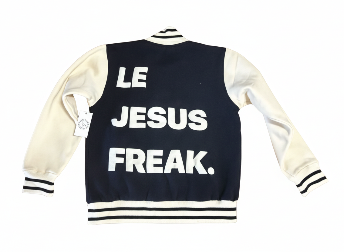 Navy and white varsity jacket with 'LE JESUS FREAK' text on a white background