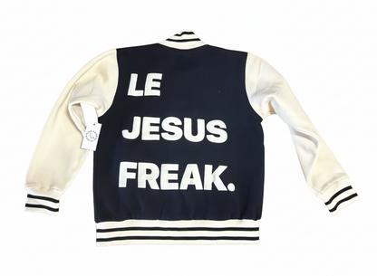 Navy and white varsity jacket with 'LE JESUS FREAK' text on a white background