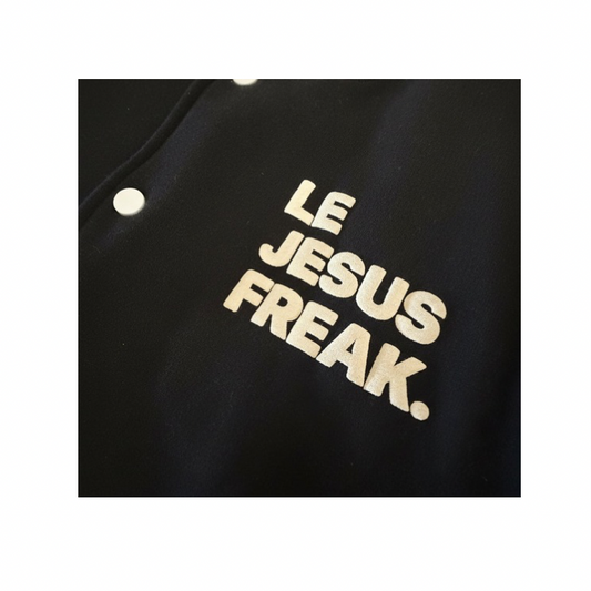 Bomber Jacket with 'LE JESUS FREAK' text in white on a white background