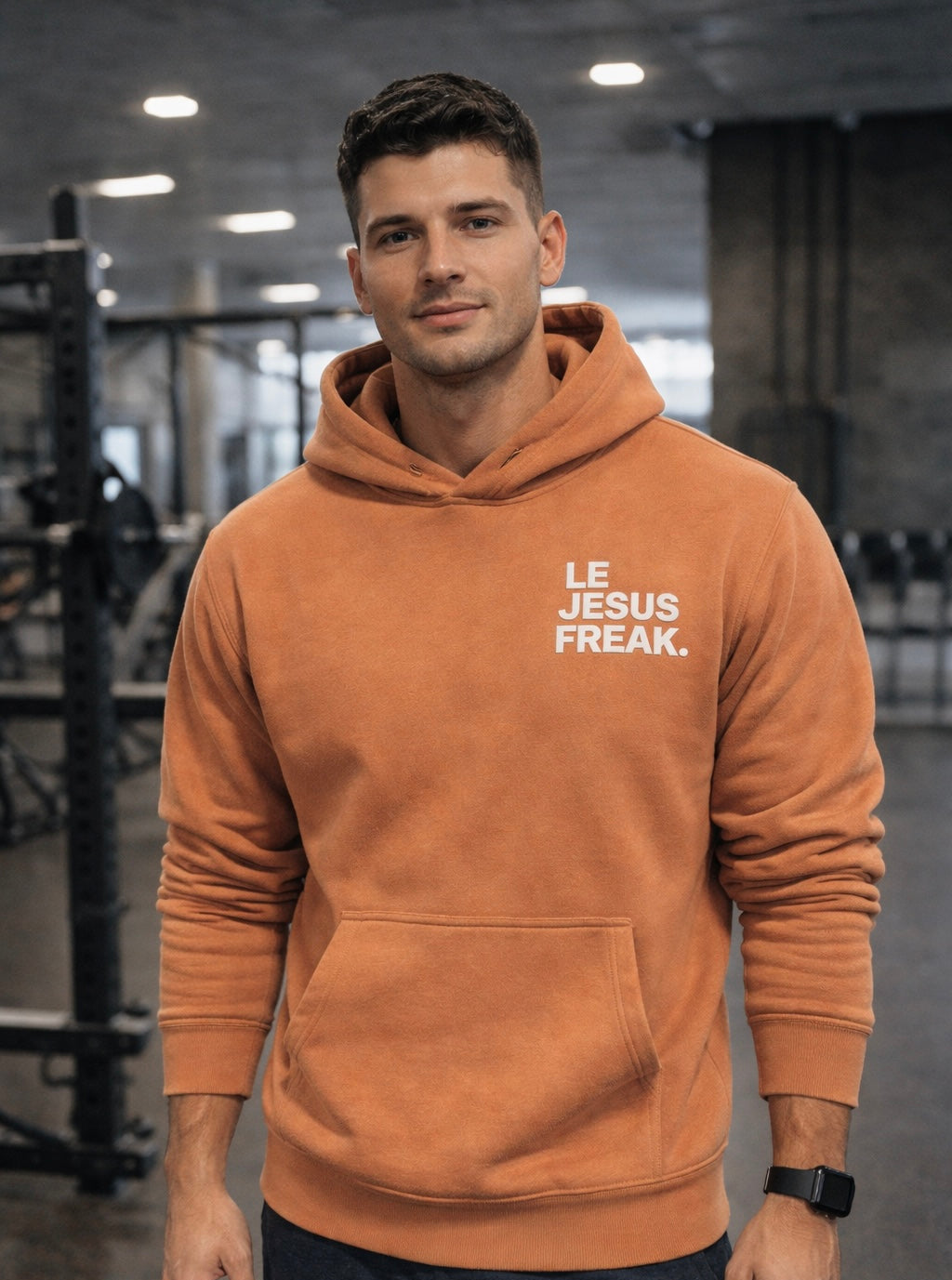 Man wearing a brown hoodie with LE JESUS FREAK. text in a gym setting