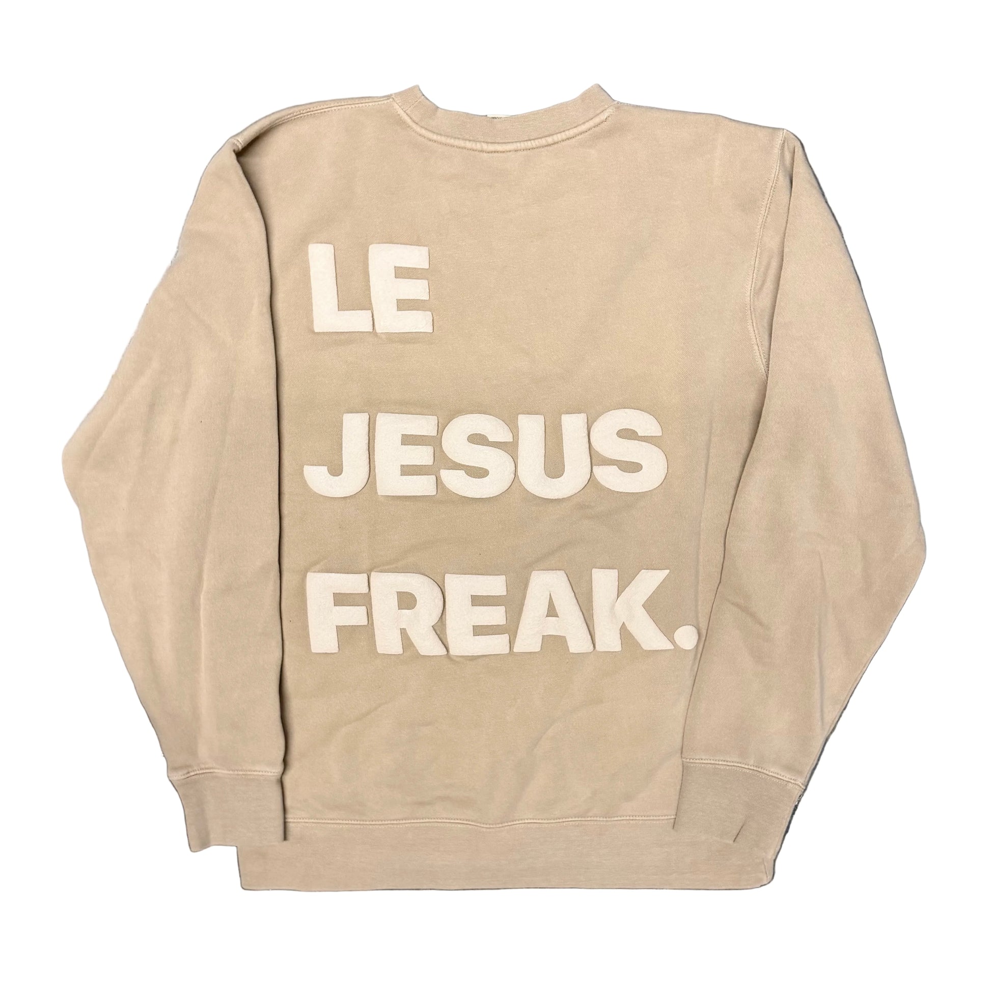 Beige sweatshirt with 'LE JESUS FREAK.' text on the back against a white background